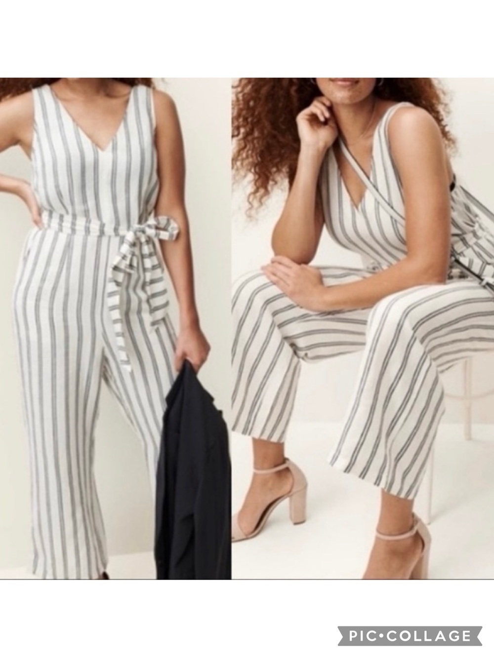 A New Day Jumpsuit Stripe Wide Leg White Cropped Linen Blend S Sleeveless Belted